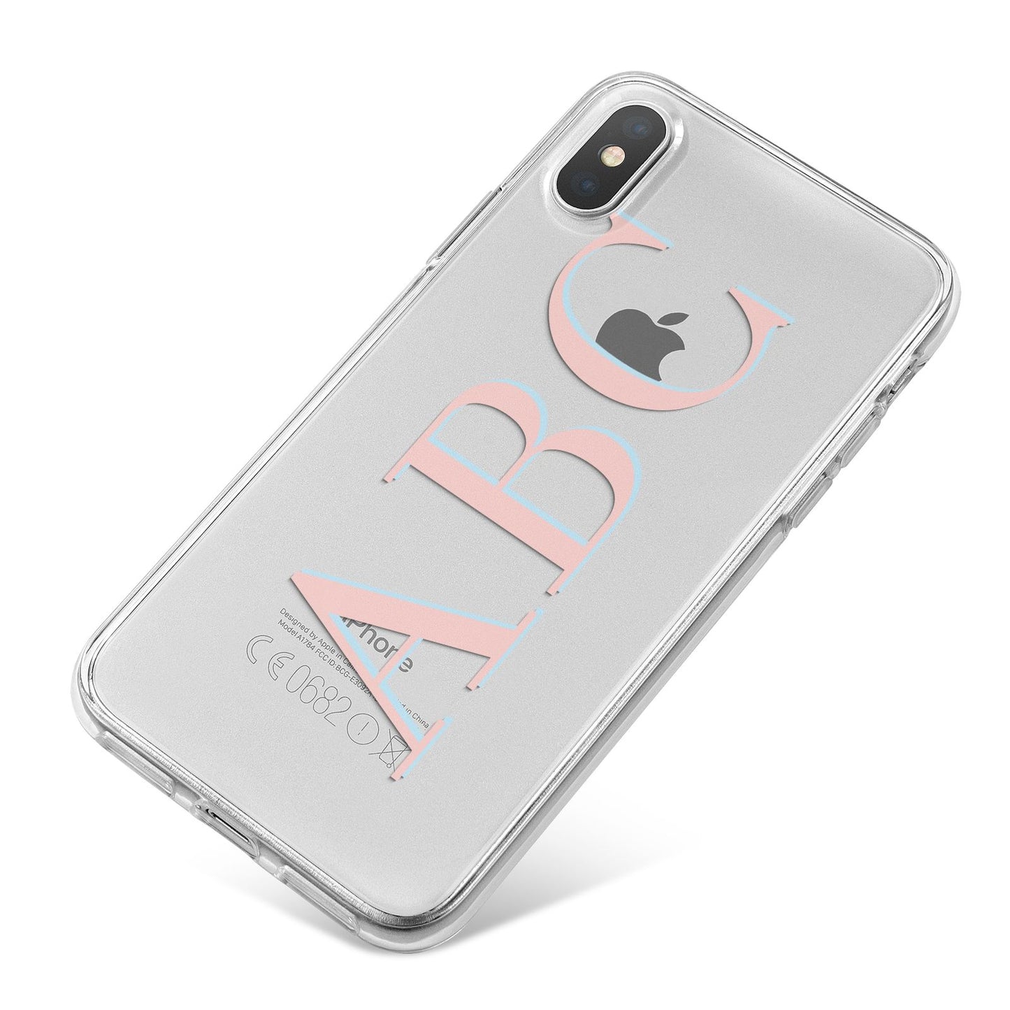 Personalised Pink Blue Side Initials Clear iPhone X Bumper Case on Silver iPhone