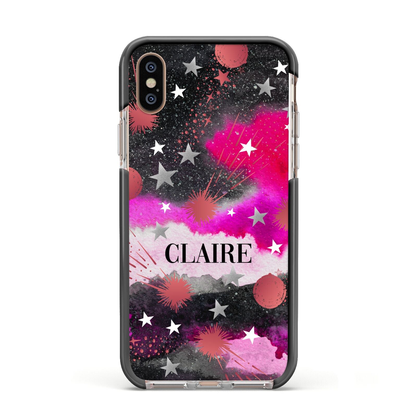 Personalised Pink Celestial Apple iPhone Xs Impact Case Black Edge on Gold Phone