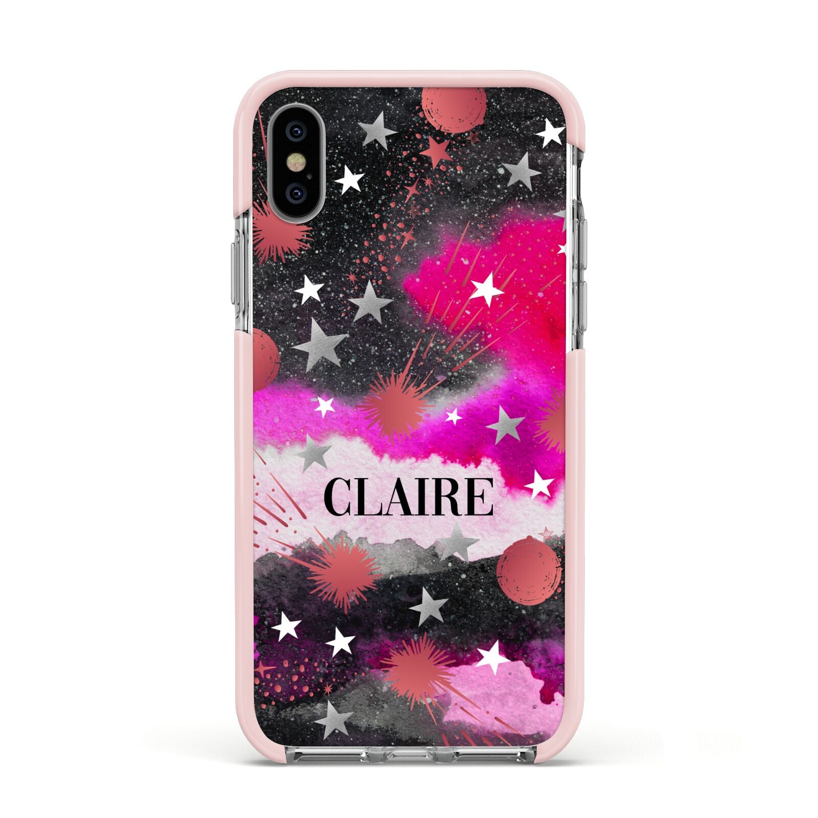 Personalised Pink Celestial Apple iPhone Xs Impact Case Pink Edge on Silver Phone