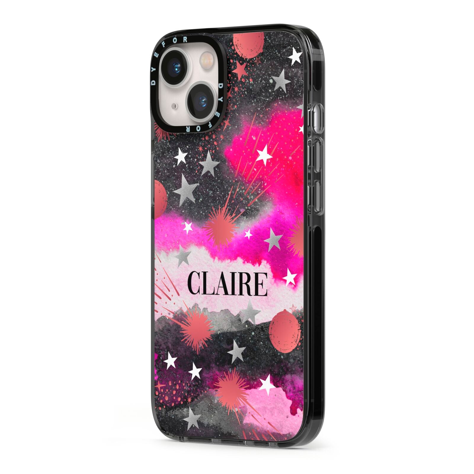 Personalised Pink Celestial iPhone 13 Black Impact Case Side Angle on Silver phone