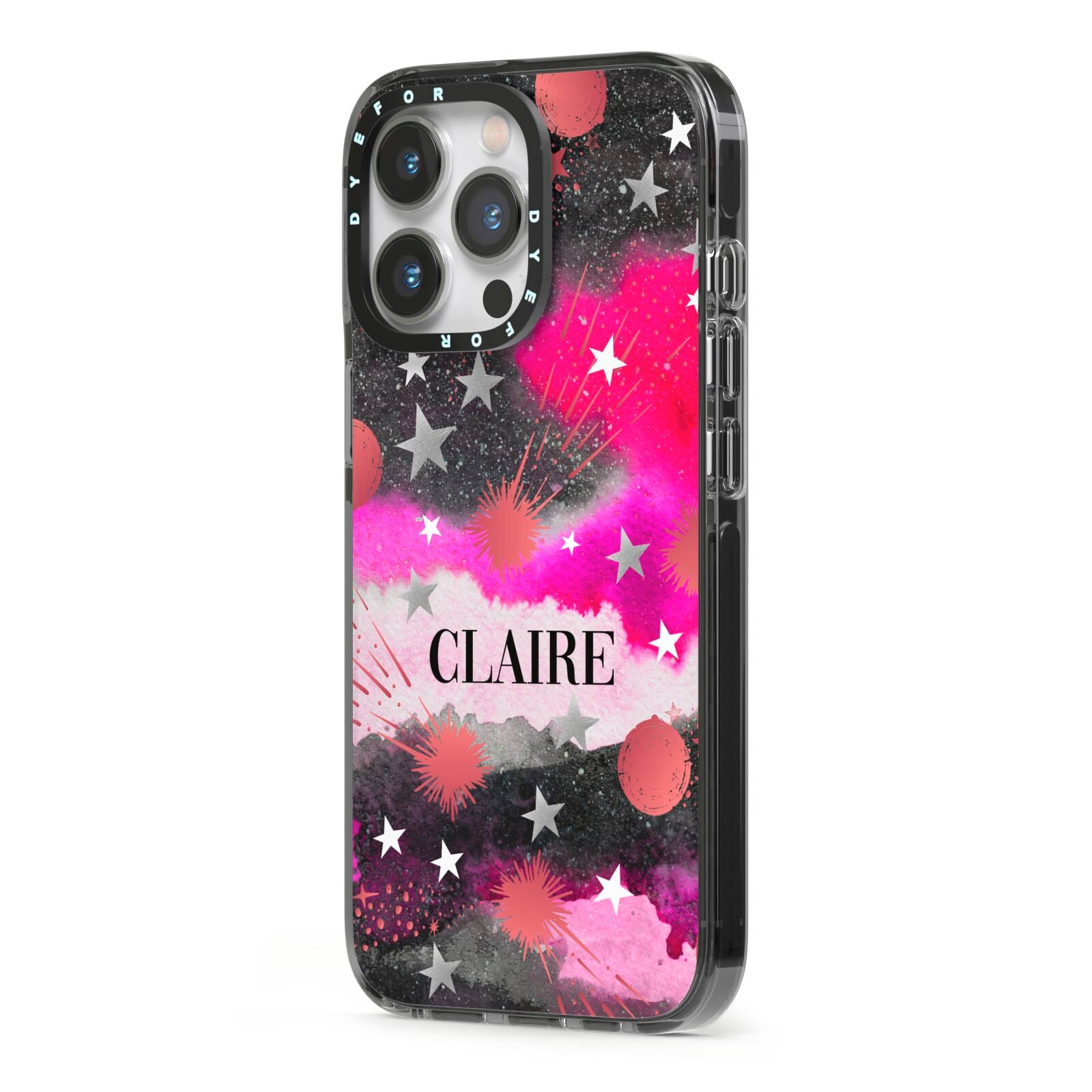 Personalised Pink Celestial iPhone 13 Pro Black Impact Case Side Angle on Silver phone
