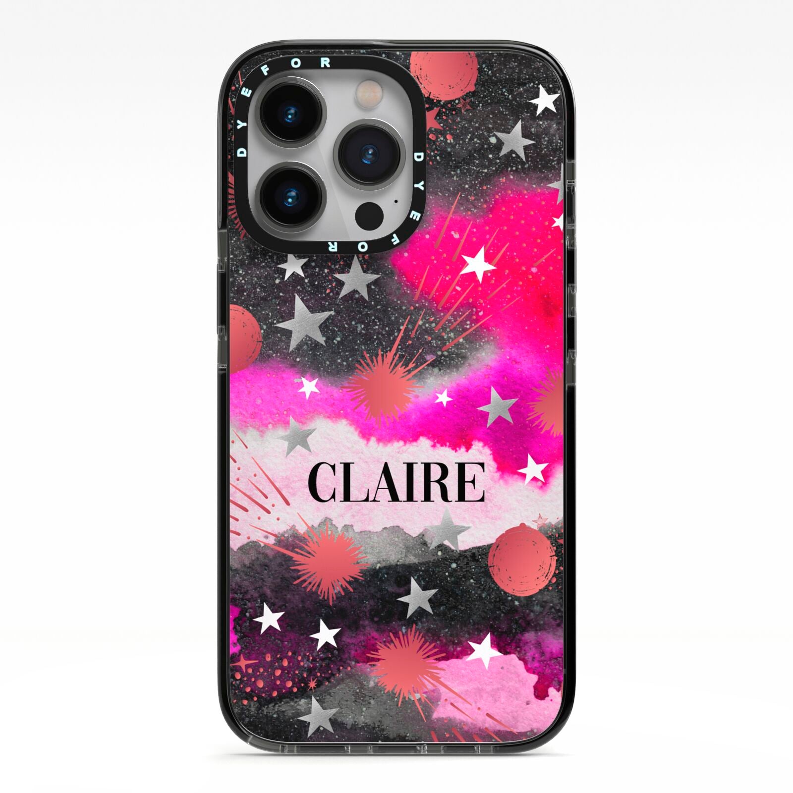 Personalised Pink Celestial iPhone 13 Pro Black Impact Case on Silver phone