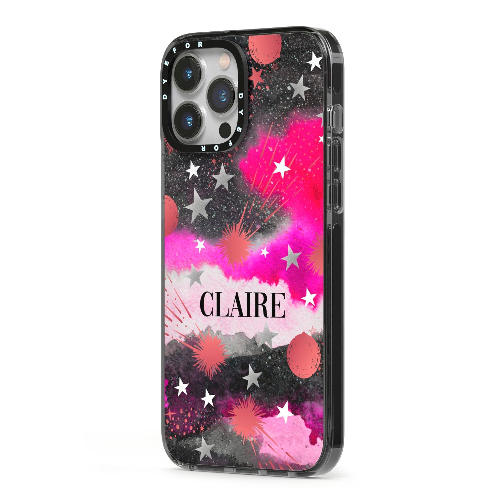 Personalised Pink Celestial iPhone 13 Pro Max Black Impact Case Side Angle on Silver phone