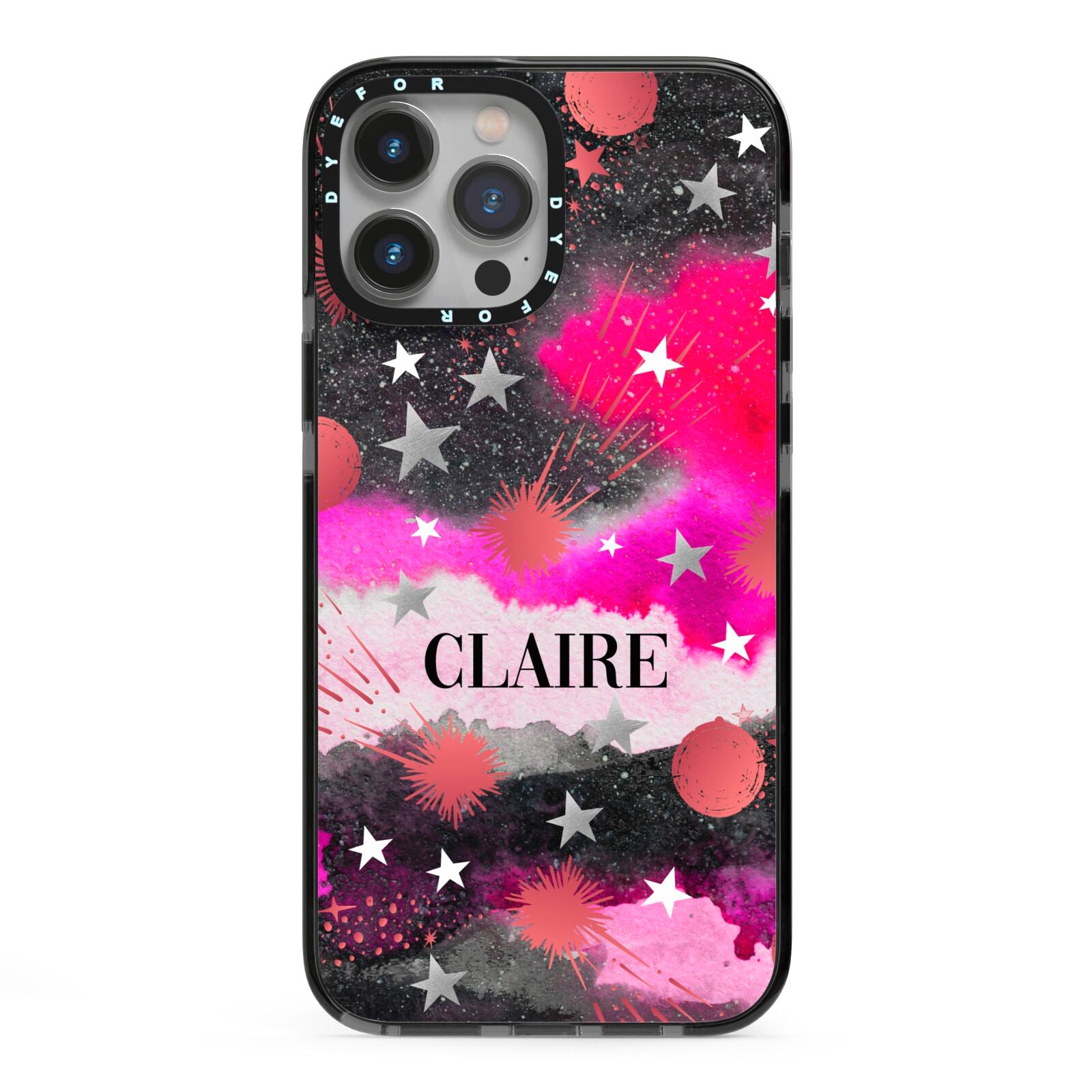 Personalised Pink Celestial iPhone 13 Pro Max Black Impact Case on Silver phone