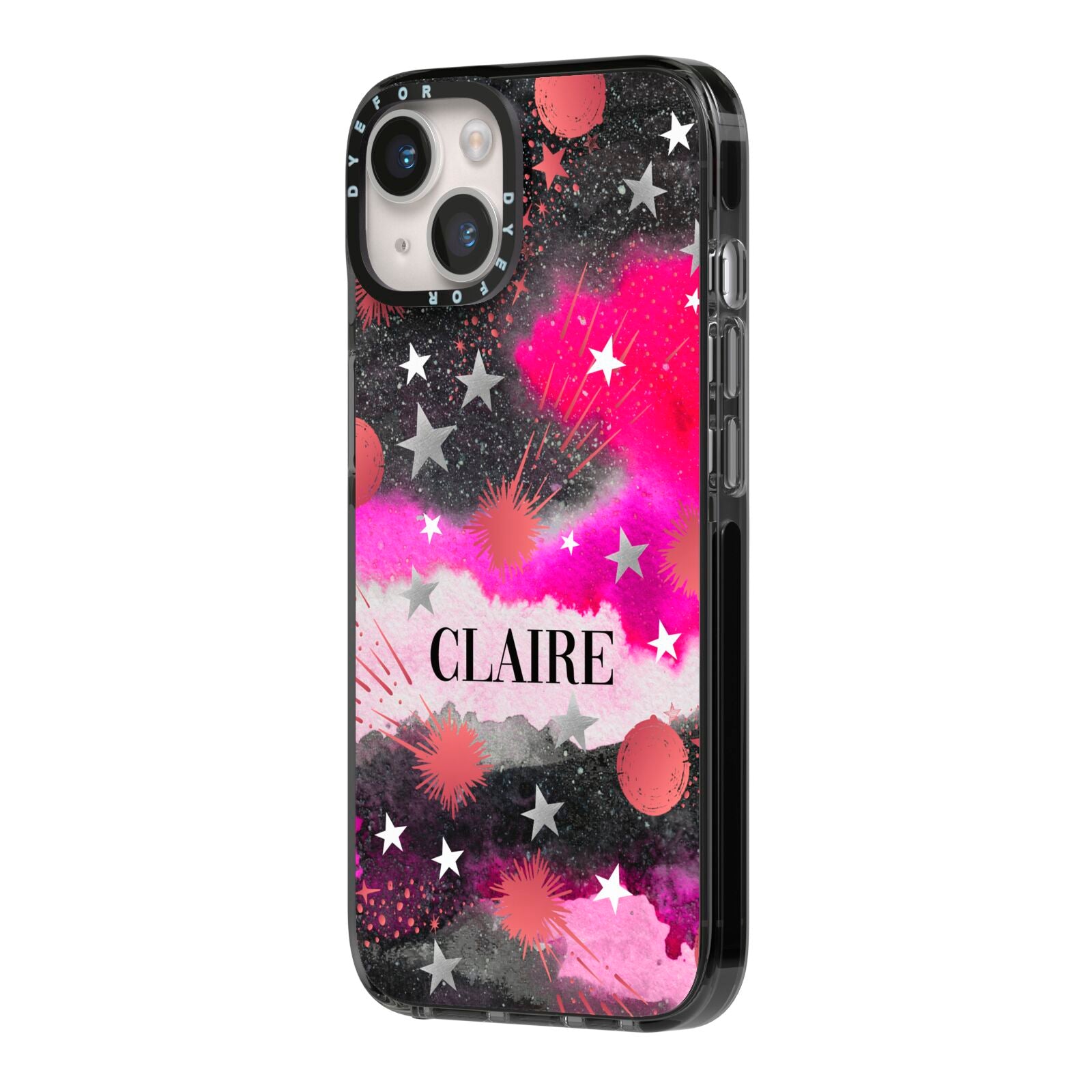 Personalised Pink Celestial iPhone 14 Black Impact Case Side Angle on Silver phone