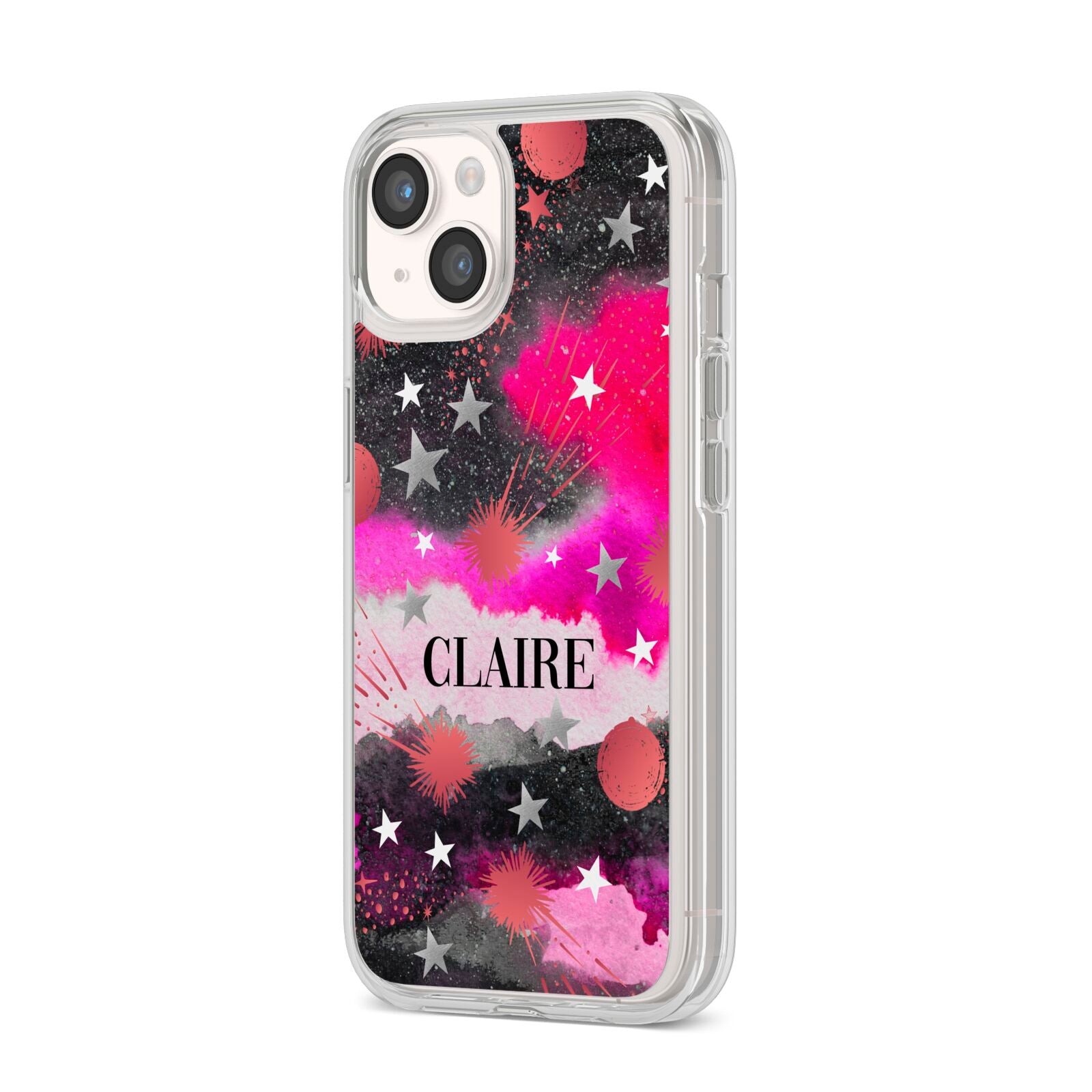Personalised Pink Celestial iPhone 14 Clear Tough Case Starlight Angled Image
