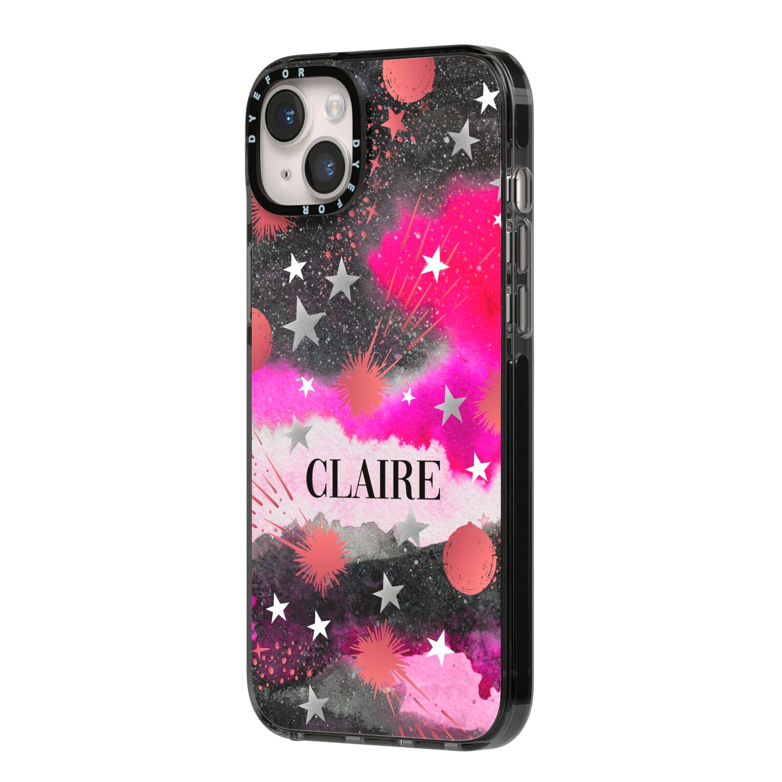 Personalised Pink Celestial iPhone 14 Plus Black Impact Case Side Angle on Silver phone
