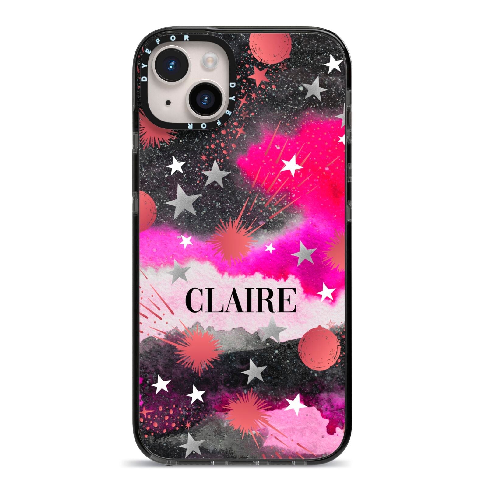 Personalised Pink Celestial iPhone 14 Plus Black Impact Case on Silver phone