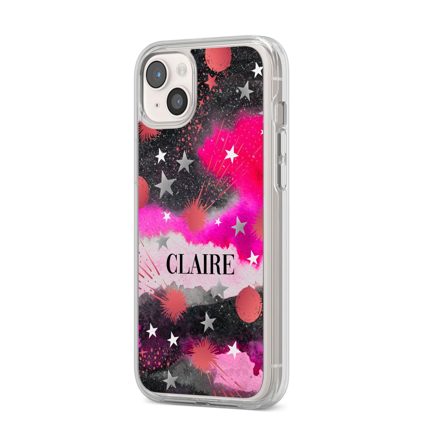 Personalised Pink Celestial iPhone 14 Plus Clear Tough Case Starlight Angled Image