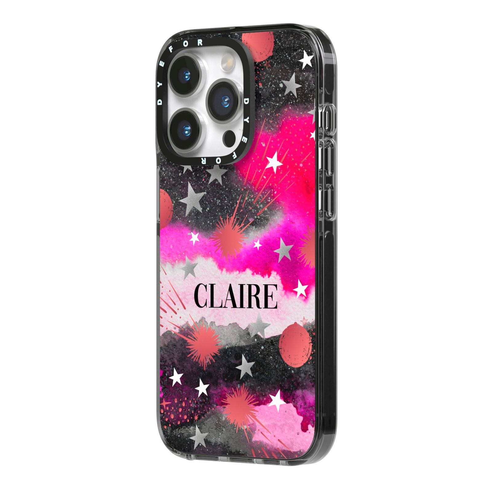 Personalised Pink Celestial iPhone 14 Pro Black Impact Case Side Angle on Silver phone