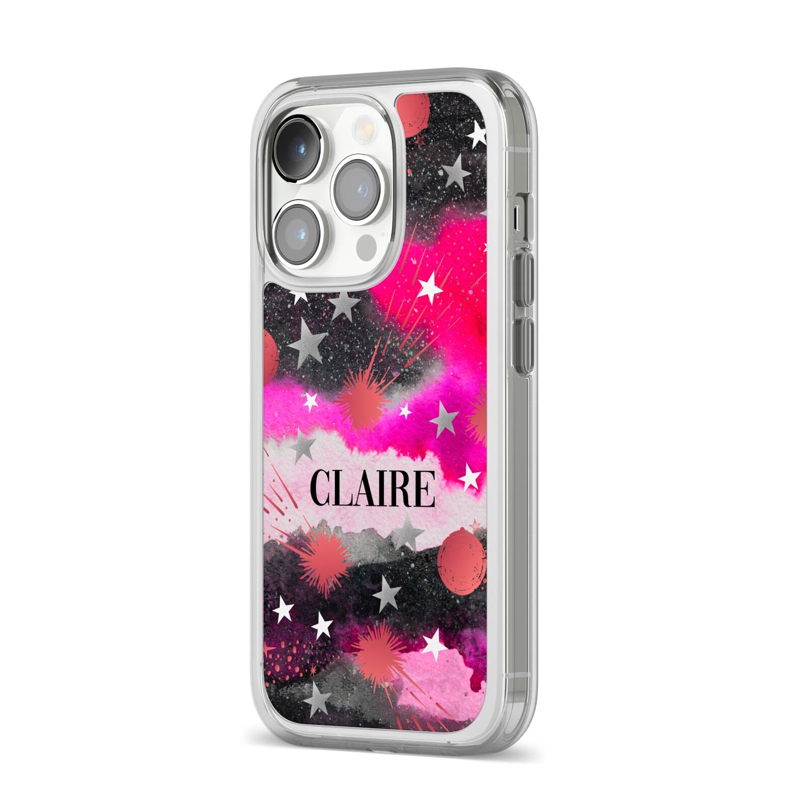 Personalised Pink Celestial iPhone 14 Pro Clear Tough Case Silver Angled Image