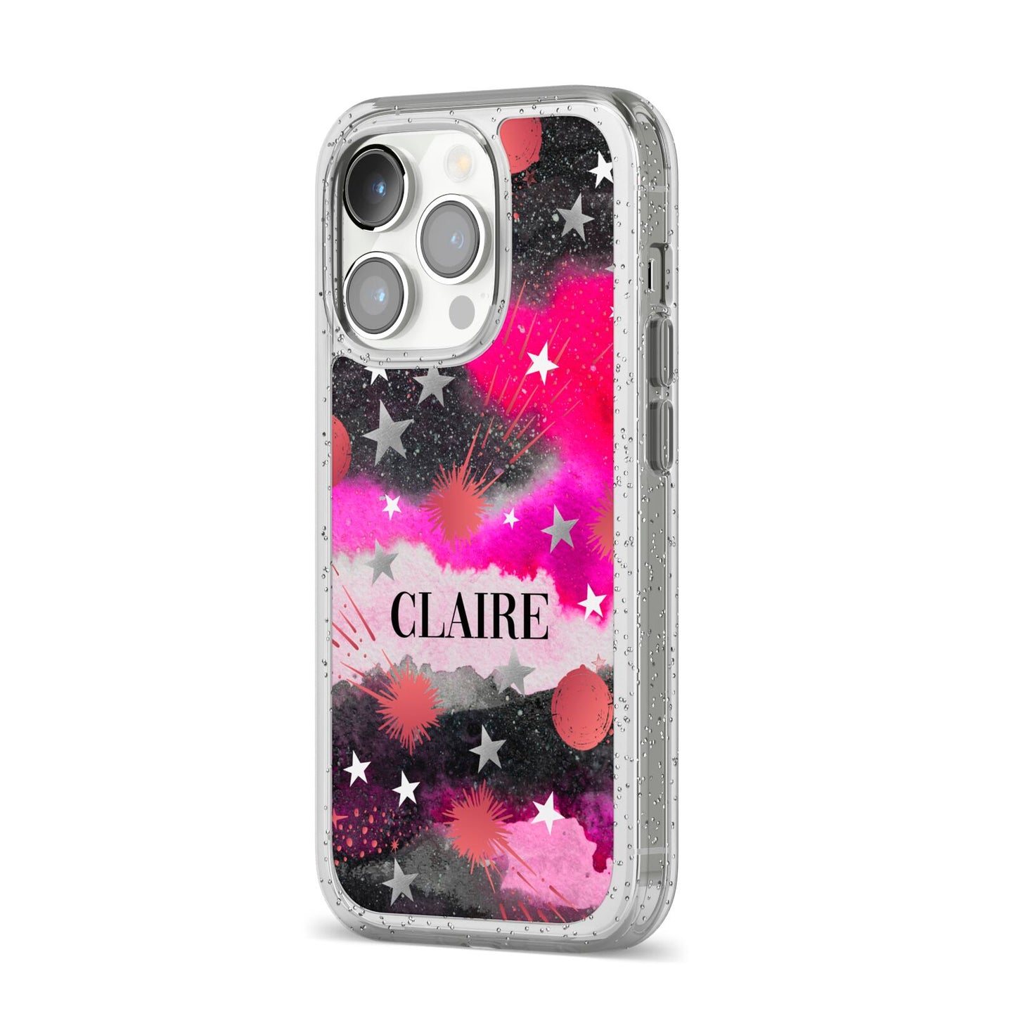 Personalised Pink Celestial iPhone 14 Pro Glitter Tough Case Silver Angled Image