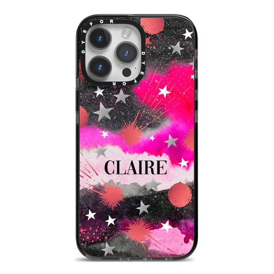 Personalised Pink Celestial iPhone 14 Pro Max Black Impact Case on Silver phone