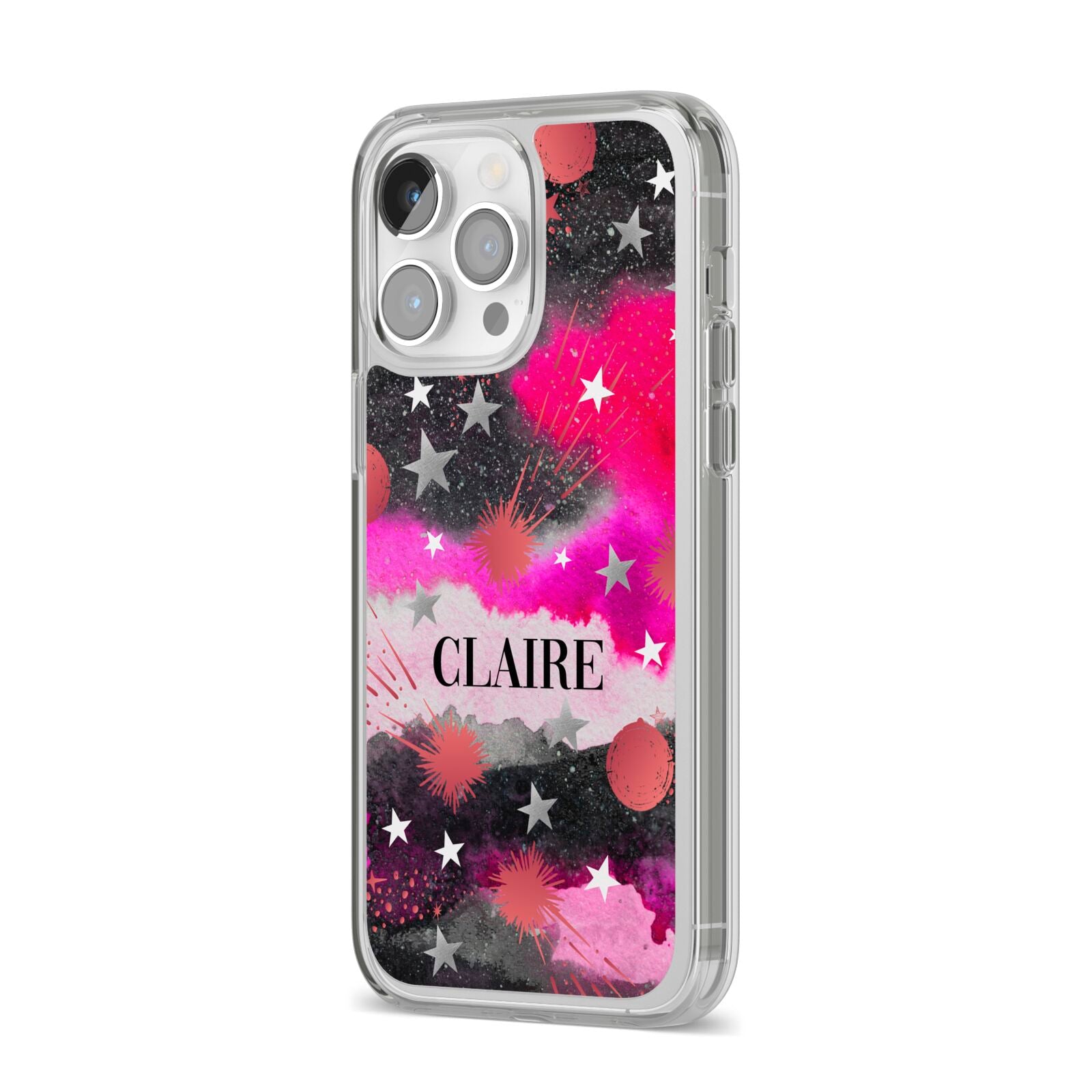Personalised Pink Celestial iPhone 14 Pro Max Clear Tough Case Silver Angled Image