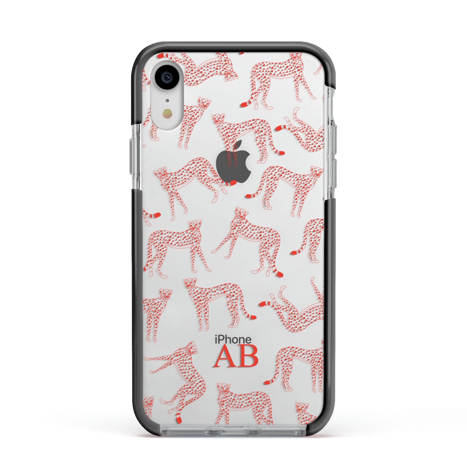Personalised Pink Cheetah Apple iPhone XR Impact Case Black Edge on Silver Phone