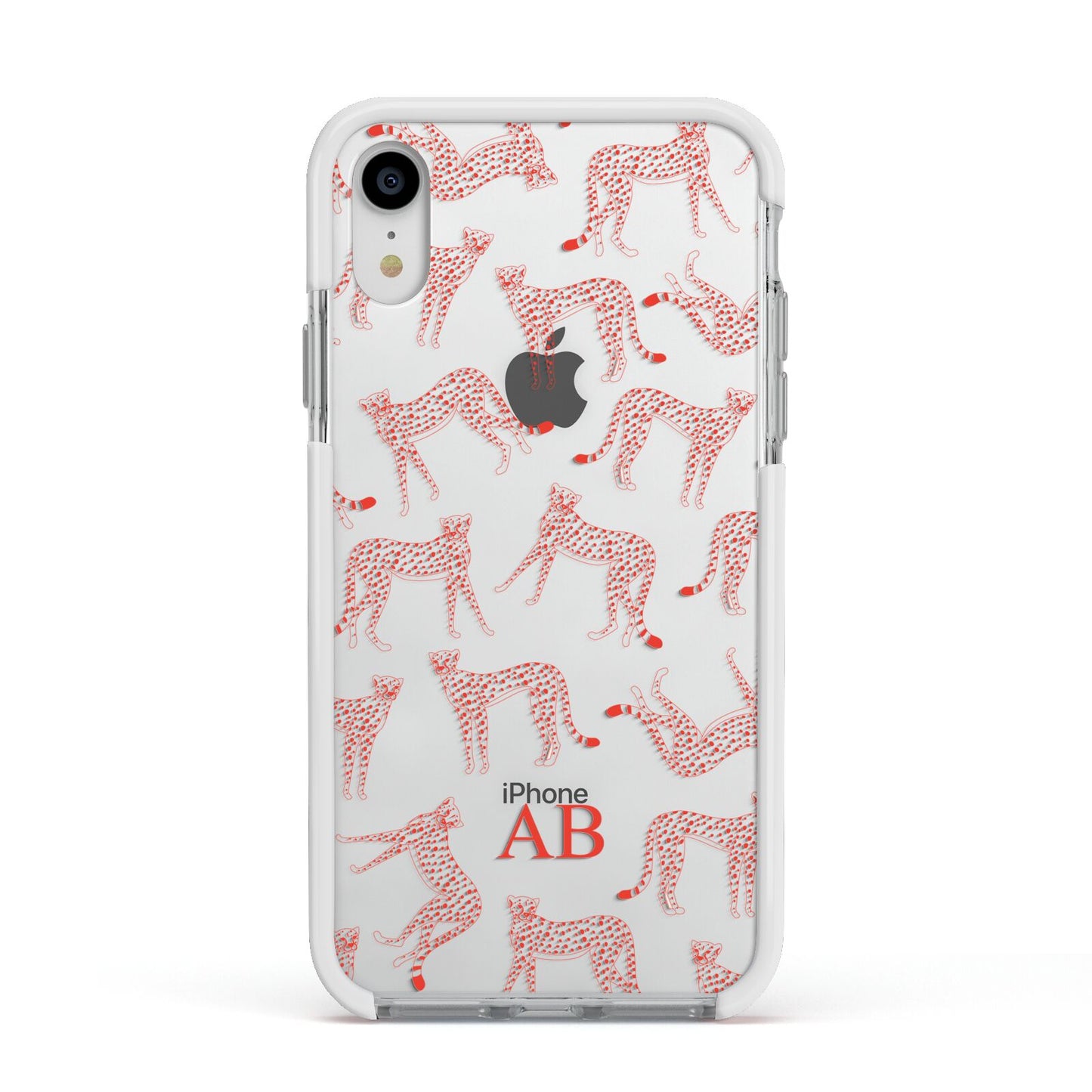 Personalised Pink Cheetah Apple iPhone XR Impact Case White Edge on Silver Phone