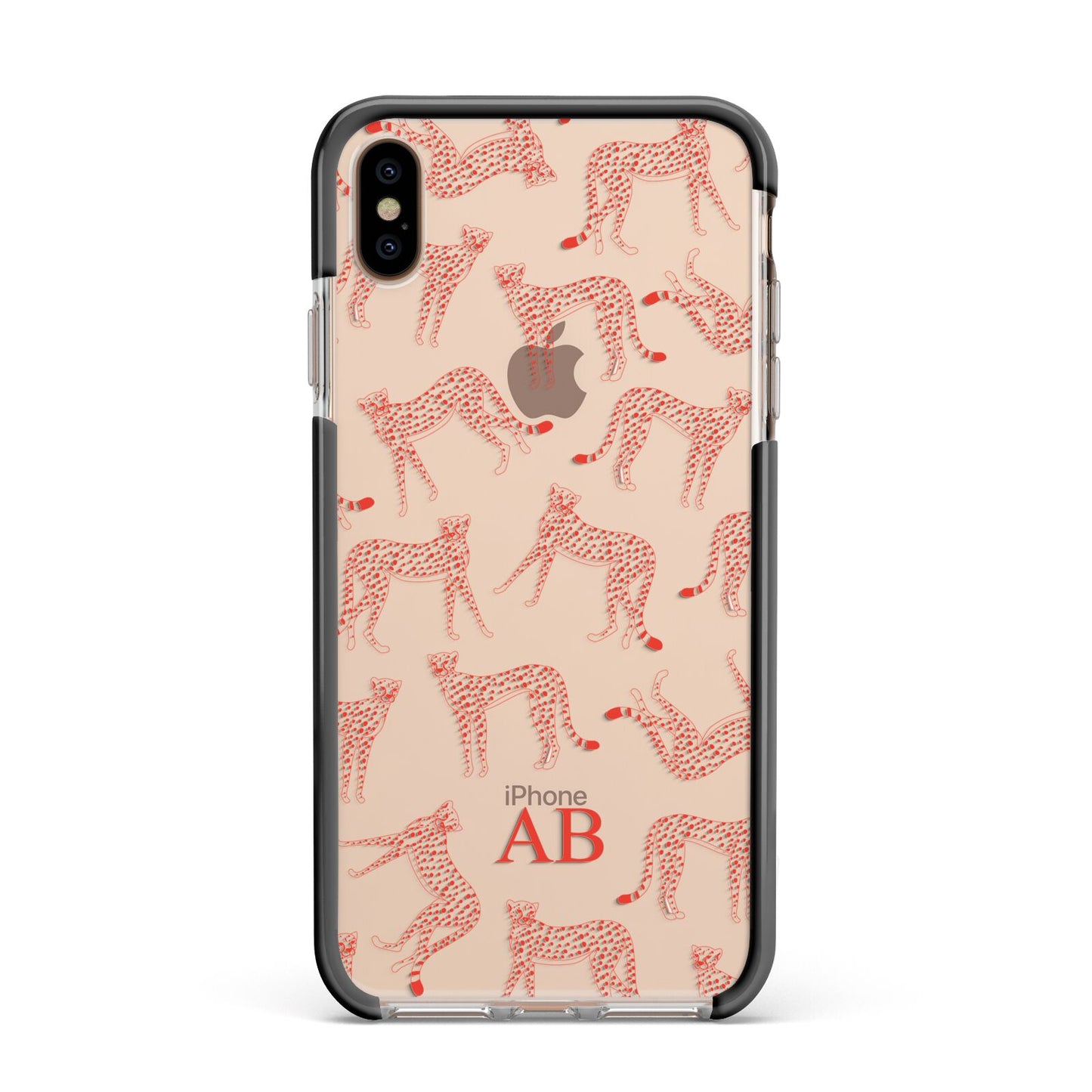 Personalised Pink Cheetah Apple iPhone Xs Max Impact Case Black Edge on Gold Phone