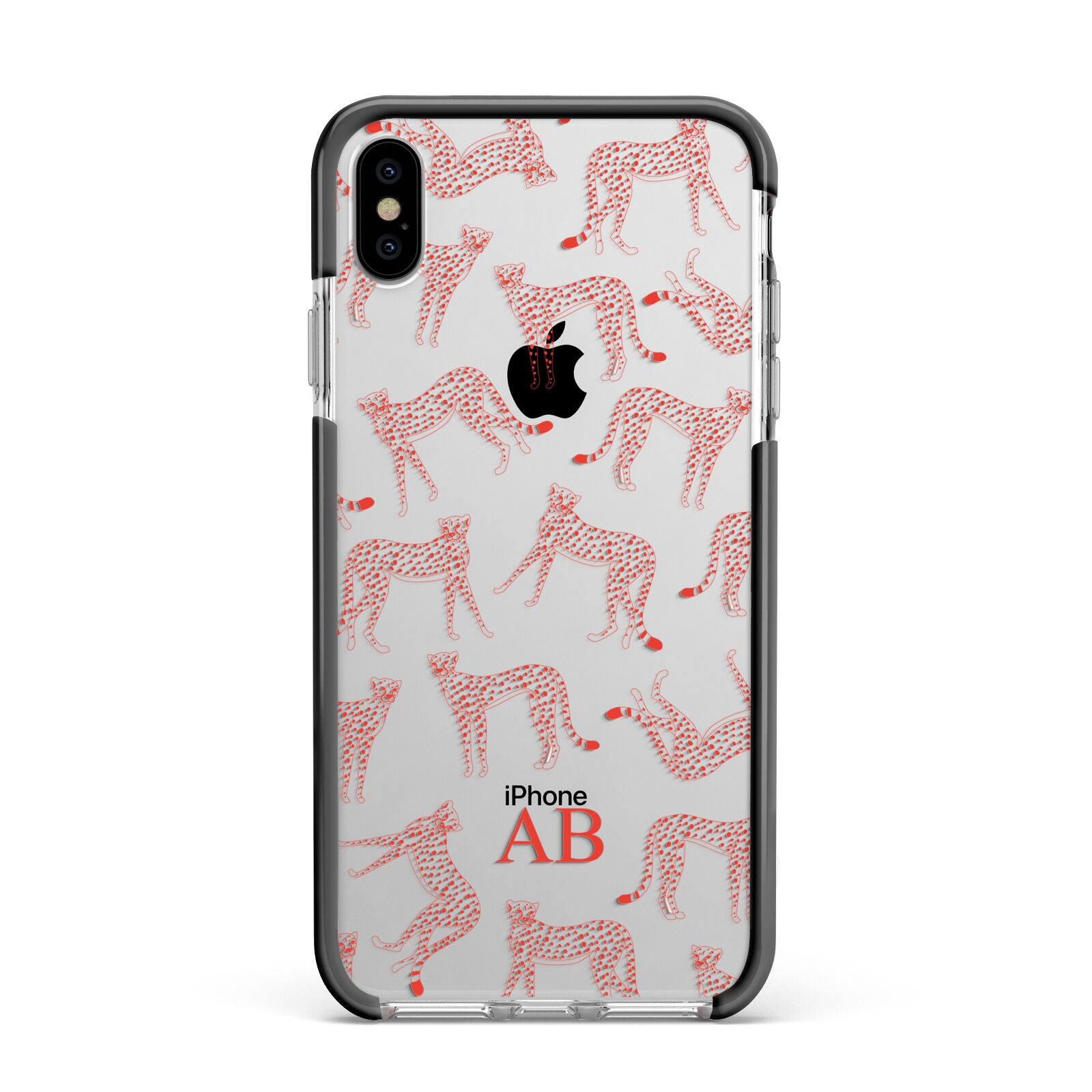 Personalised Pink Cheetah Apple iPhone Xs Max Impact Case Black Edge on Silver Phone
