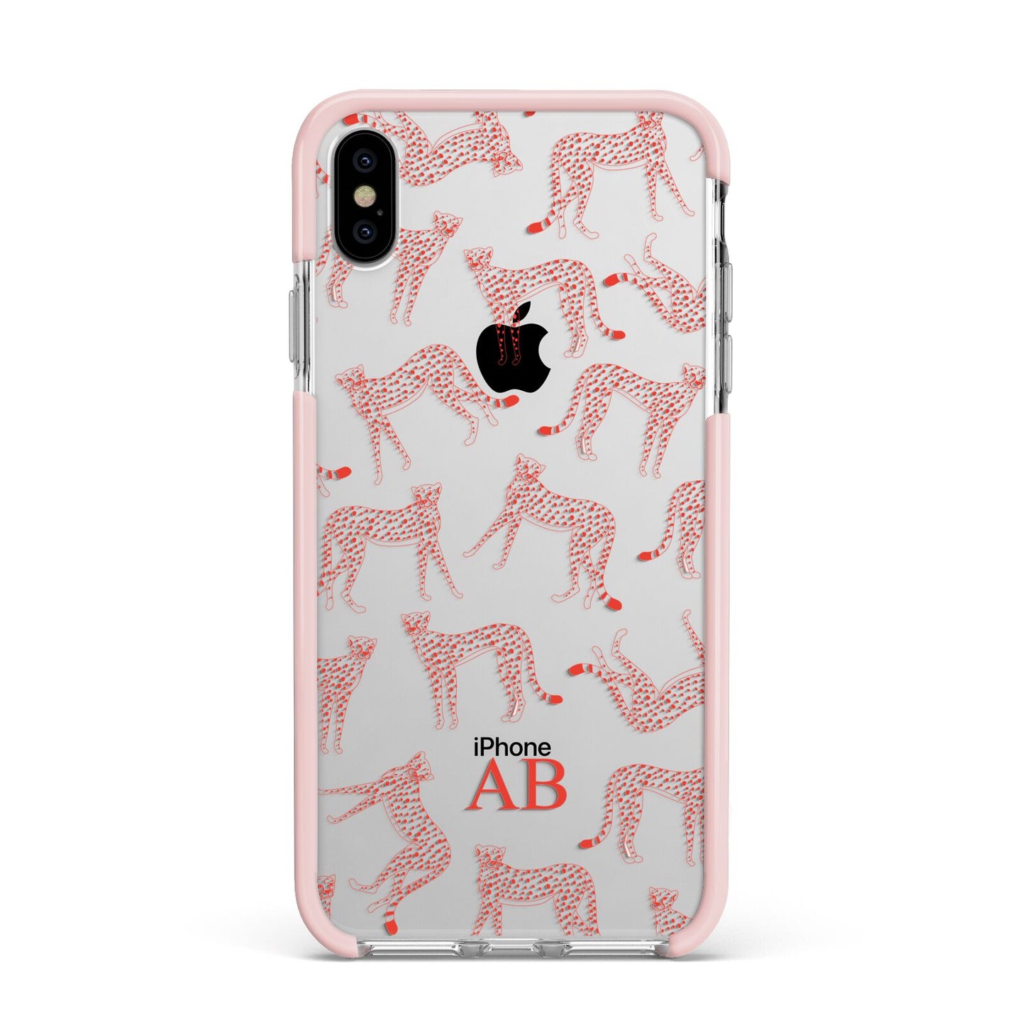 Personalised Pink Cheetah Apple iPhone Xs Max Impact Case Pink Edge on Silver Phone
