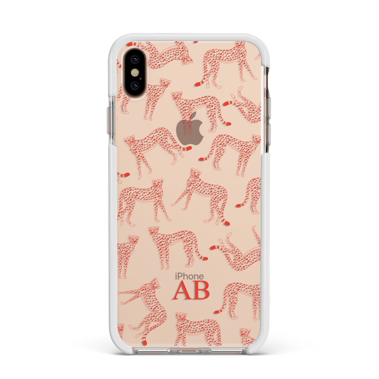 Personalised Pink Cheetah Apple iPhone Xs Max Impact Case White Edge on Gold Phone