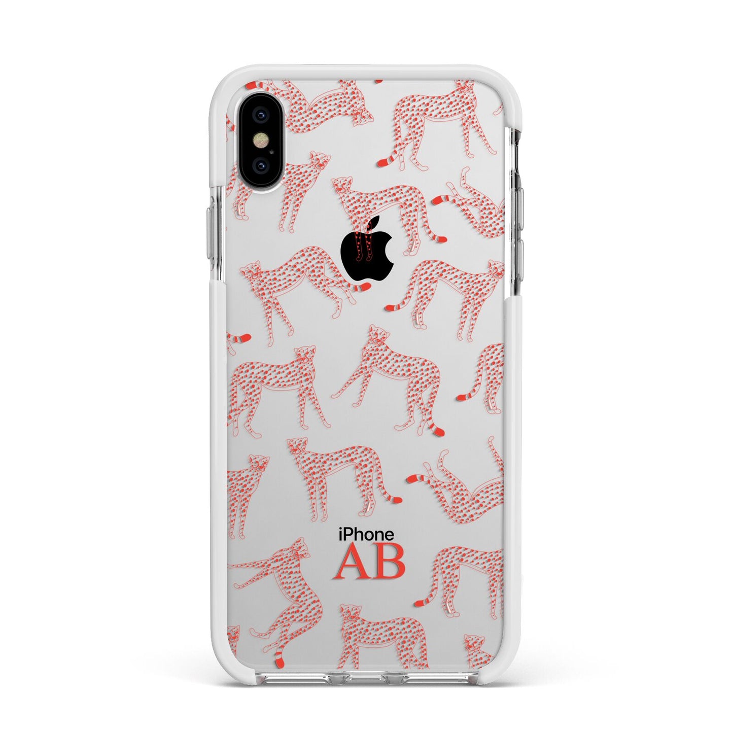 Personalised Pink Cheetah Apple iPhone Xs Max Impact Case White Edge on Silver Phone