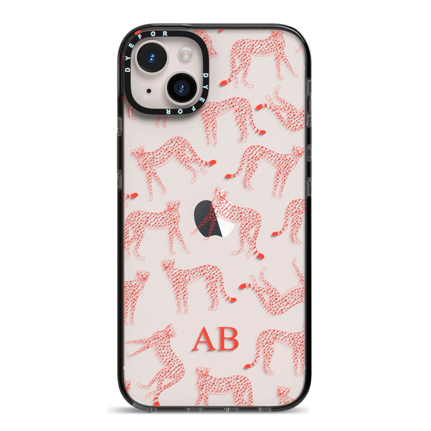 Personalised Pink Cheetah iPhone 14 Plus Black Impact Case on Silver phone