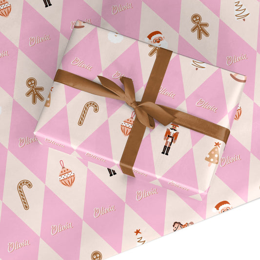 Personalised Pink Christmas Harlequin Custom Wrapping Paper