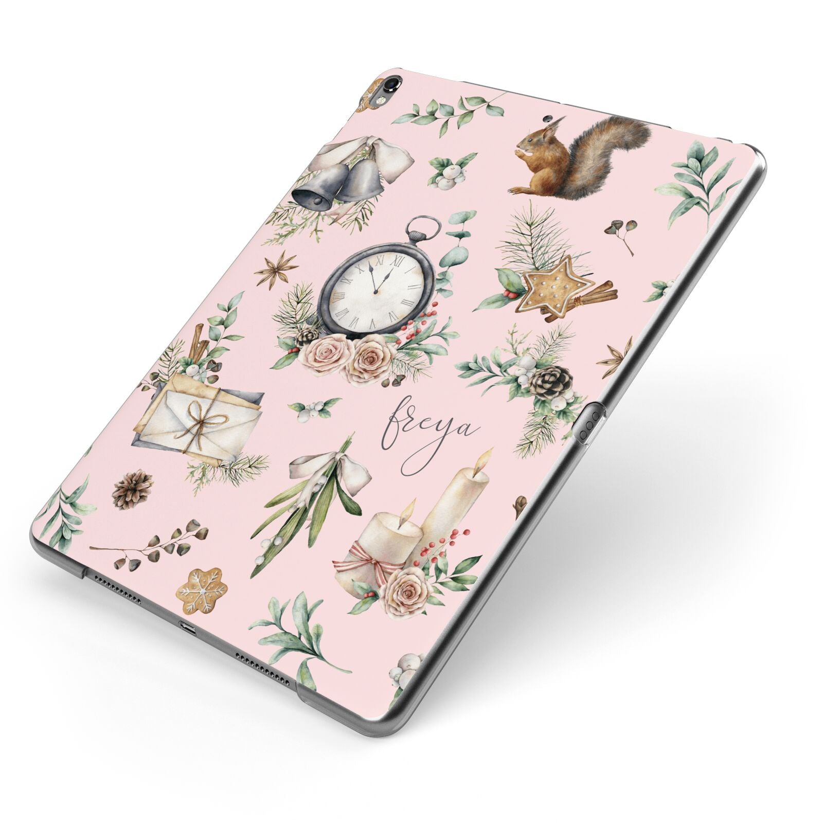 Personalised Pink Christmas Theme Apple iPad Case on Grey iPad Side View