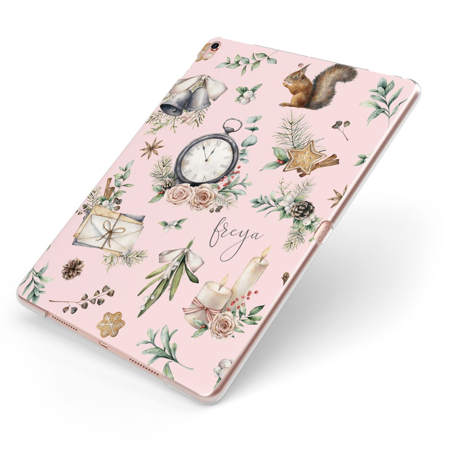 Personalised Pink Christmas Theme Apple iPad Case on Rose Gold iPad Side View