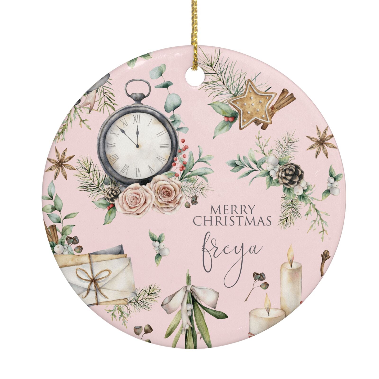 Personalised Pink Christmas Theme Circle Decoration Back Image