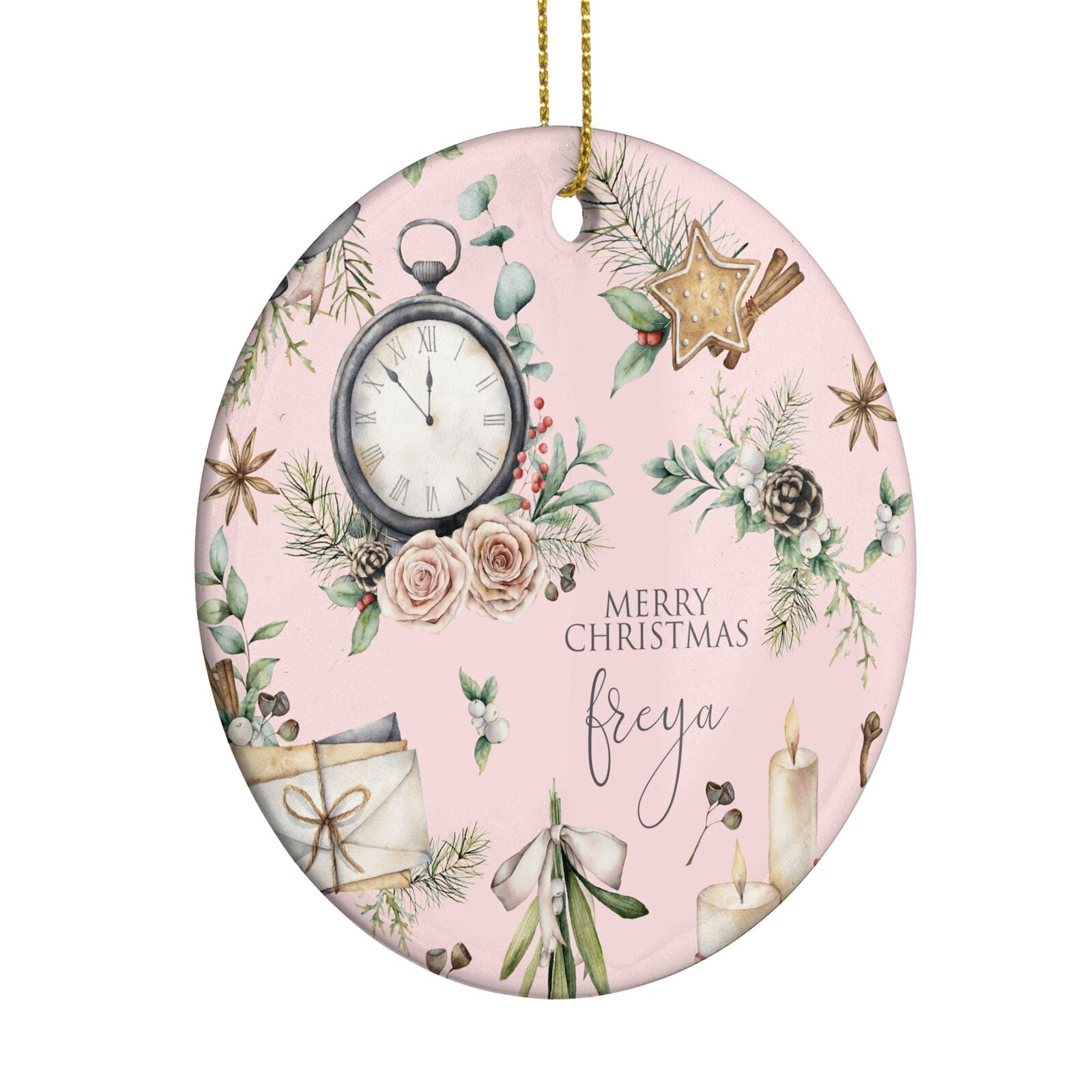 Personalised Pink Christmas Theme Circle Decoration Side Angle