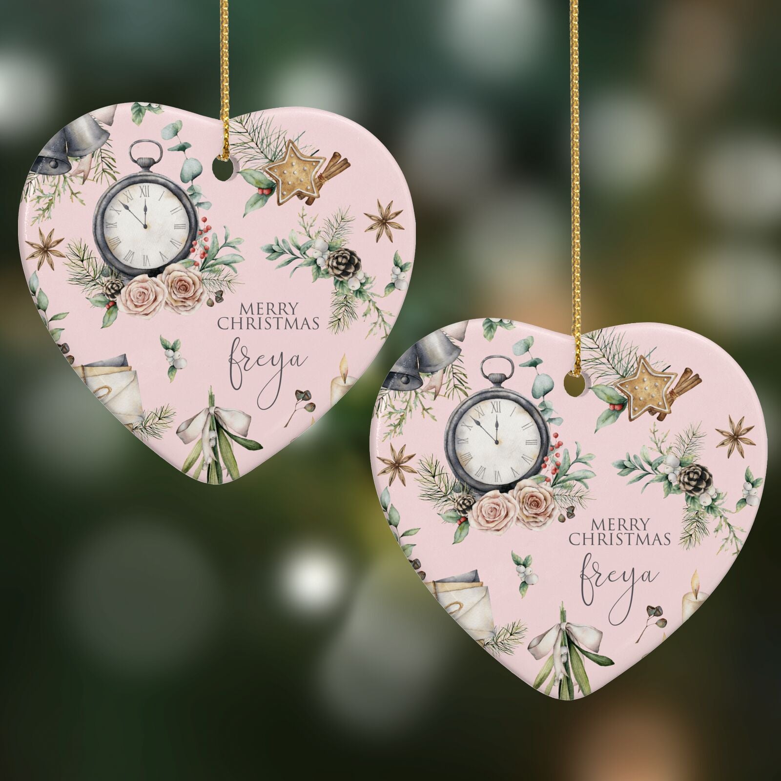 Personalised Pink Christmas Theme Heart Decoration on Christmas Background