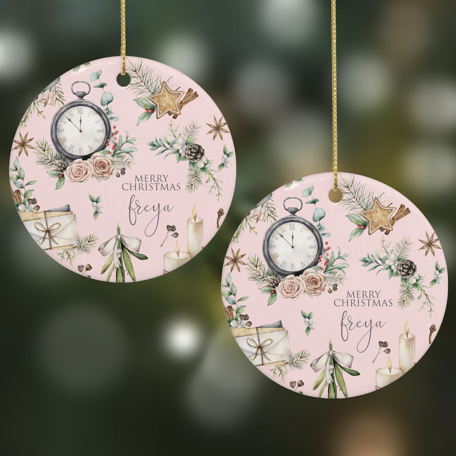 Personalised Pink Christmas Theme Round Decoration on Christmas Background