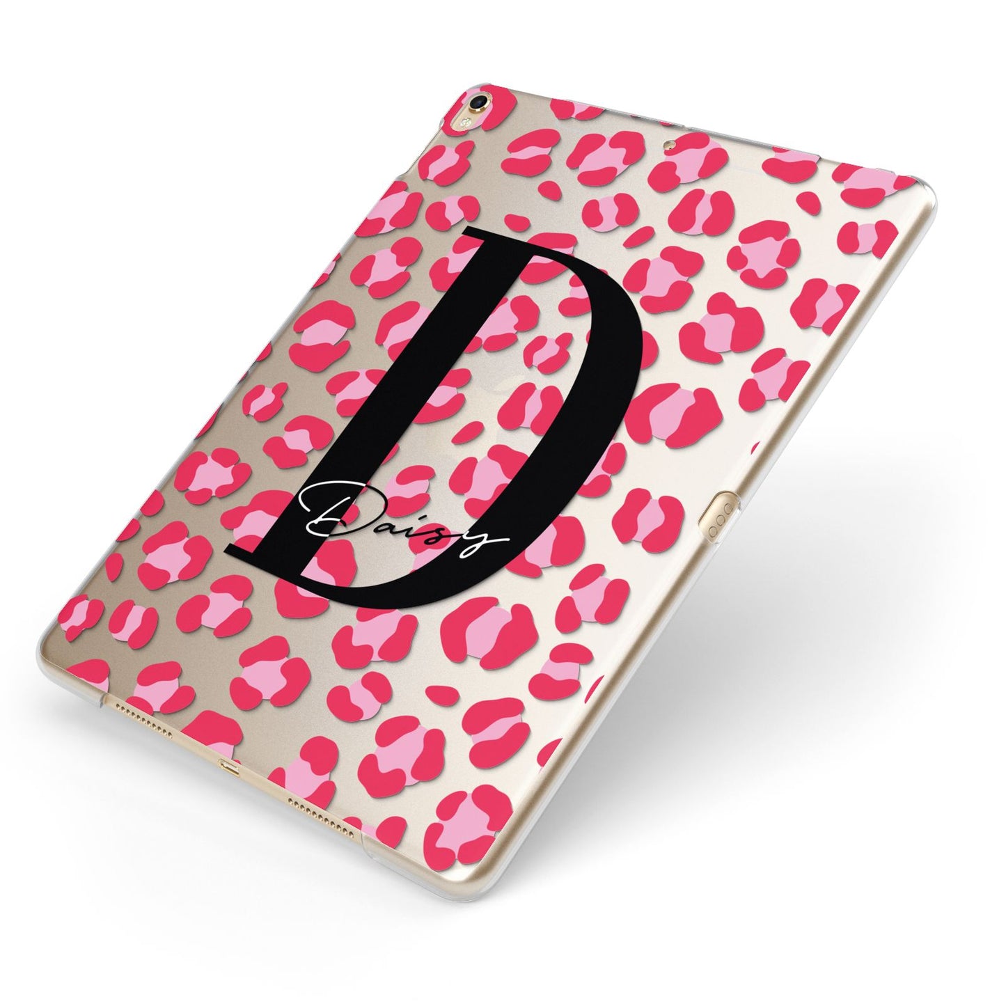 Personalised Pink Clear Leopard Print Apple iPad Case on Gold iPad Side View