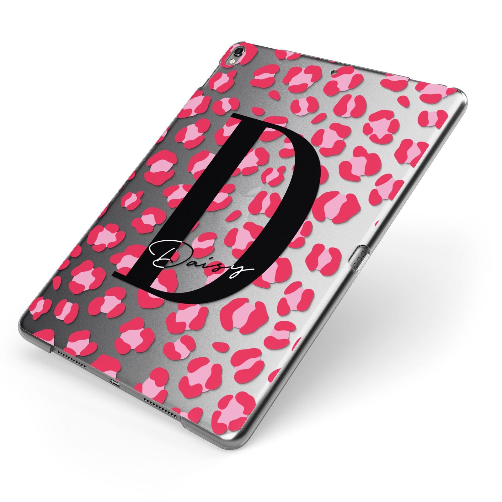 Personalised Pink Clear Leopard Print Apple iPad Case on Grey iPad Side View