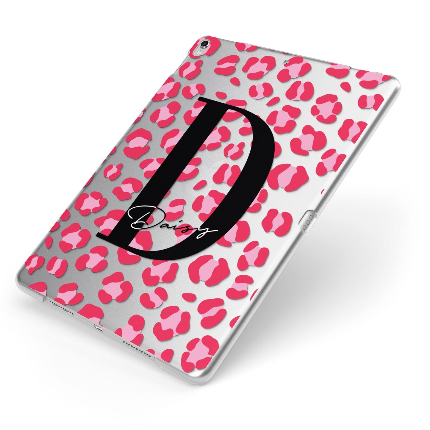 Personalised Pink Clear Leopard Print Apple iPad Case on Silver iPad Side View