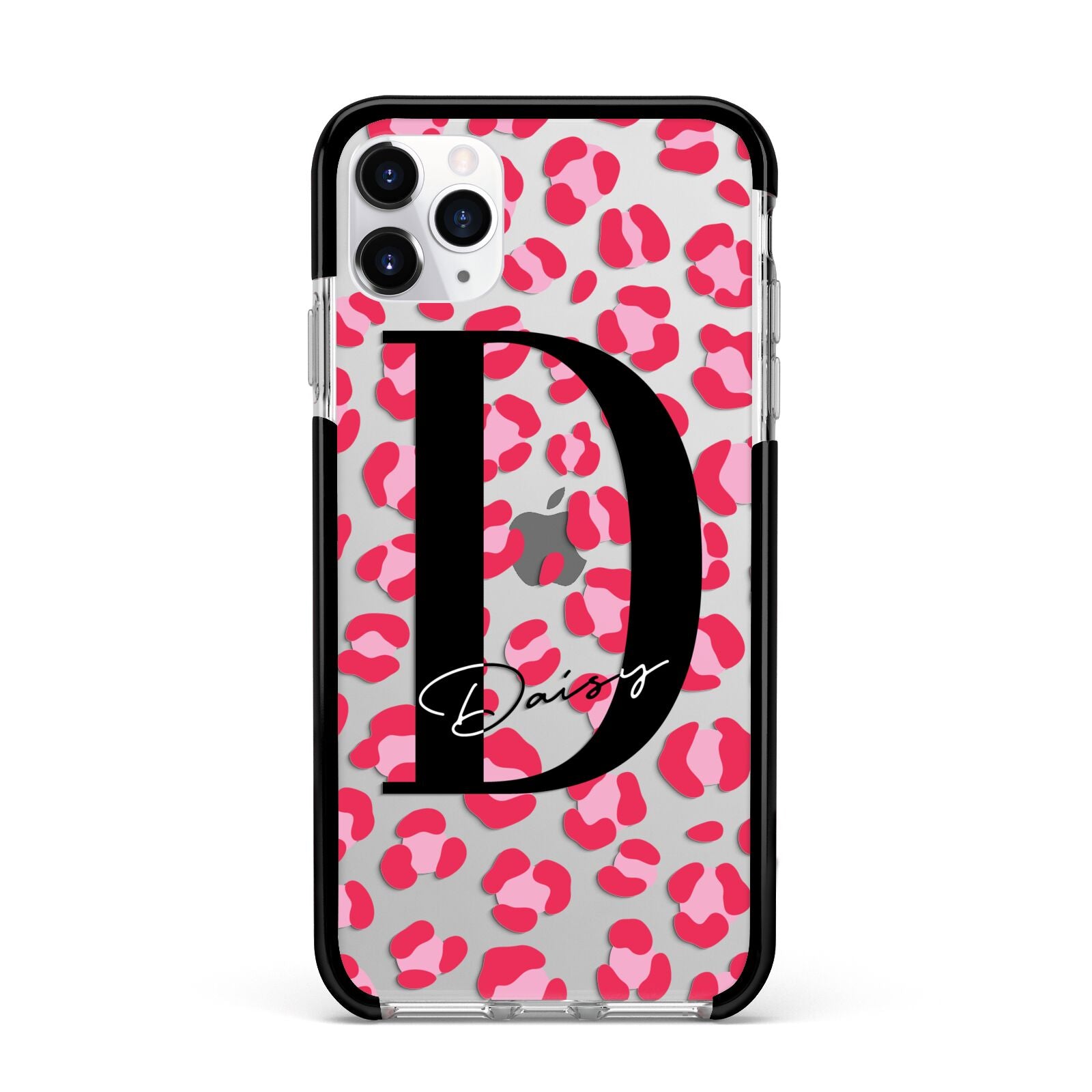 Personalised Pink Clear Leopard Print Apple iPhone 11 Pro Max in Silver with Black Impact Case
