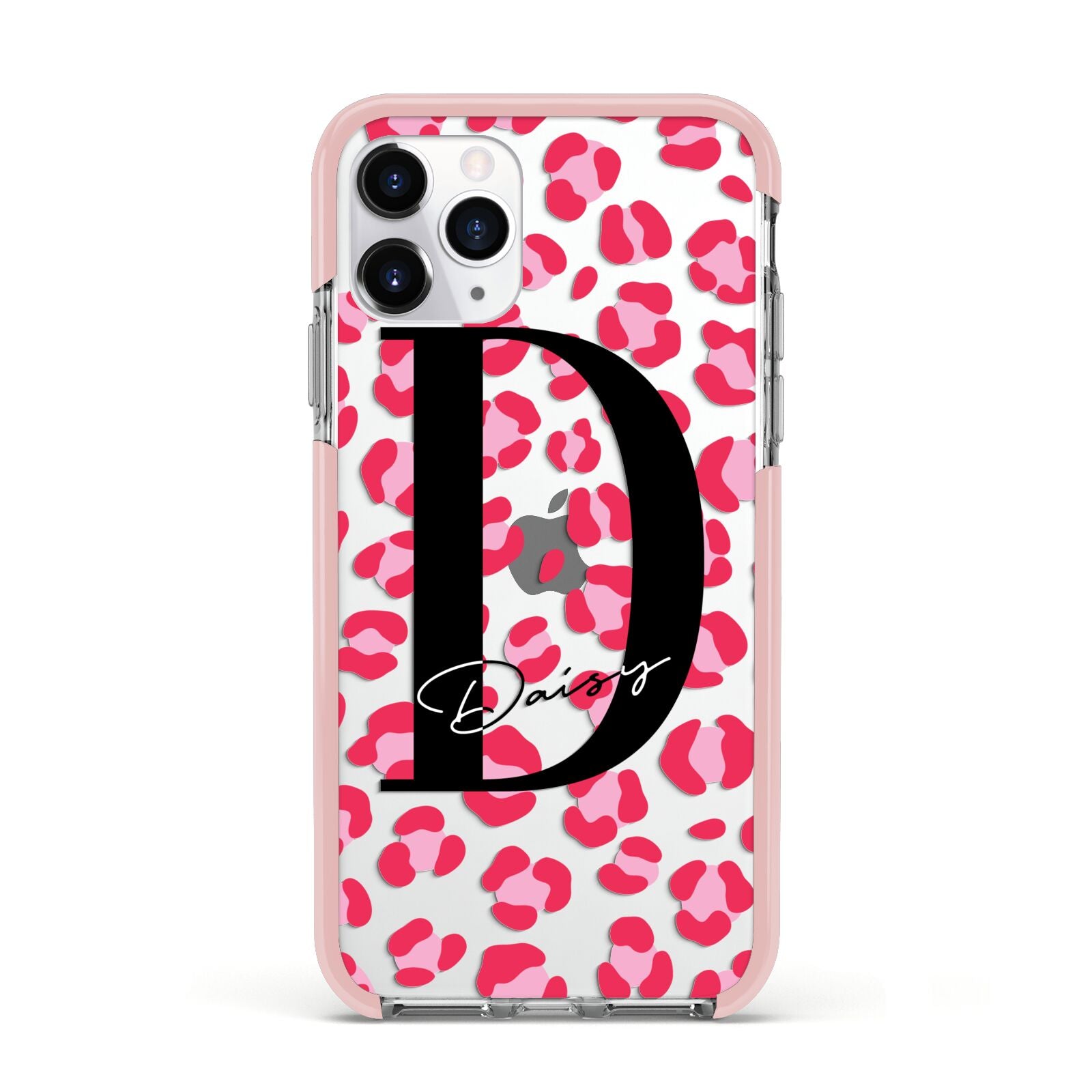 Personalised Pink Clear Leopard Print Apple iPhone 11 Pro in Silver with Pink Impact Case