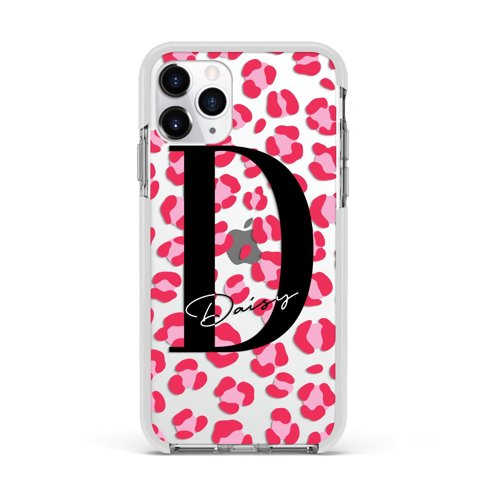 Personalised Pink Clear Leopard Print Apple iPhone 11 Pro in Silver with White Impact Case