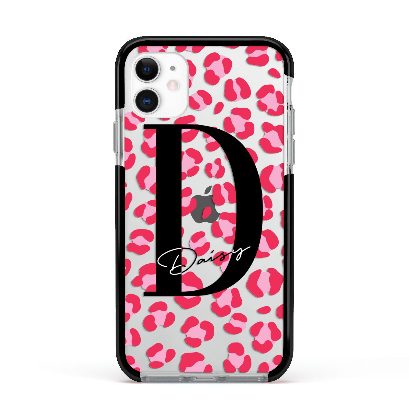 Personalised Pink Clear Leopard Print Apple iPhone 11 in White with Black Impact Case