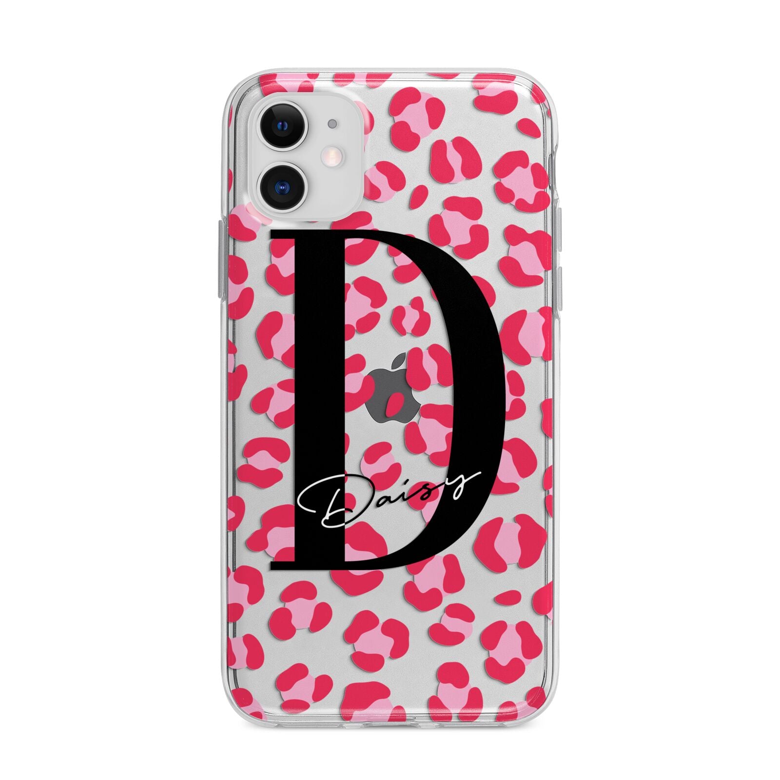 Personalised Pink Clear Leopard Print Apple iPhone 11 in White with Bumper Case