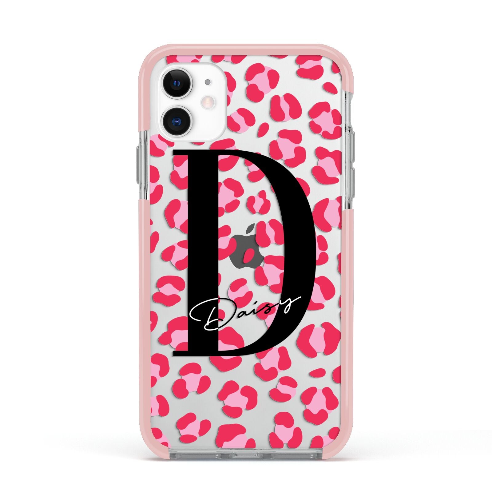 Personalised Pink Clear Leopard Print Apple iPhone 11 in White with Pink Impact Case