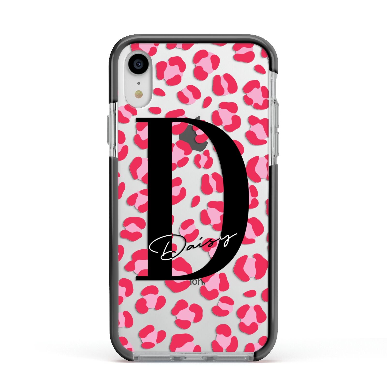 Personalised Pink Clear Leopard Print Apple iPhone XR Impact Case Black Edge on Silver Phone
