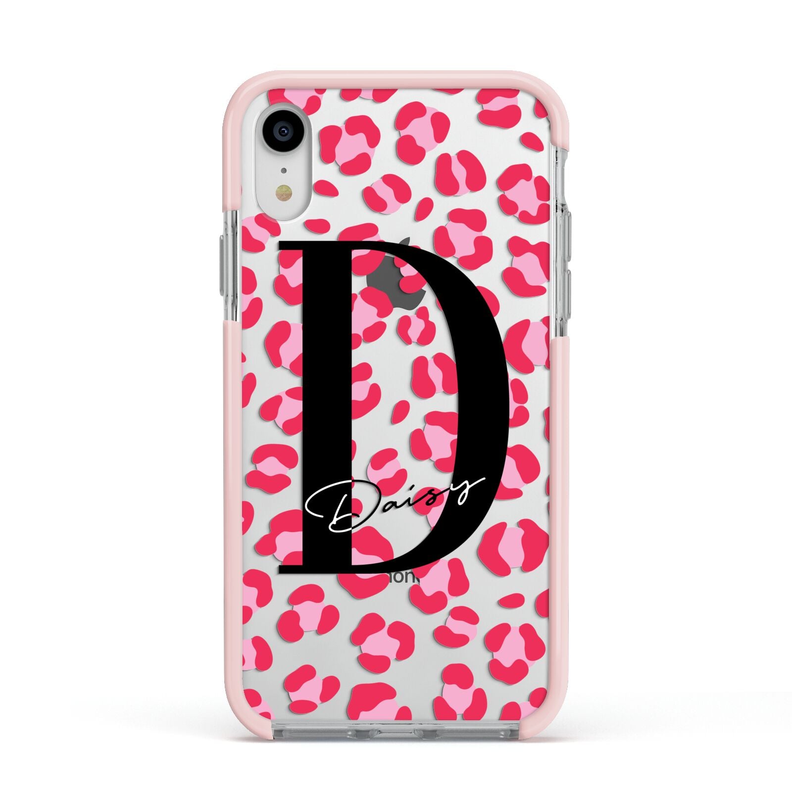 Personalised Pink Clear Leopard Print Apple iPhone XR Impact Case Pink Edge on Silver Phone
