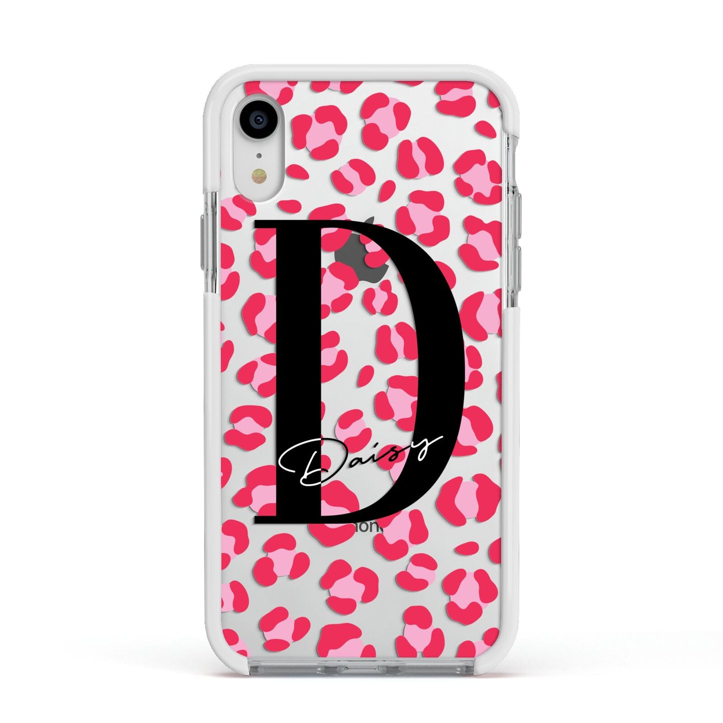 Personalised Pink Clear Leopard Print Apple iPhone XR Impact Case White Edge on Silver Phone
