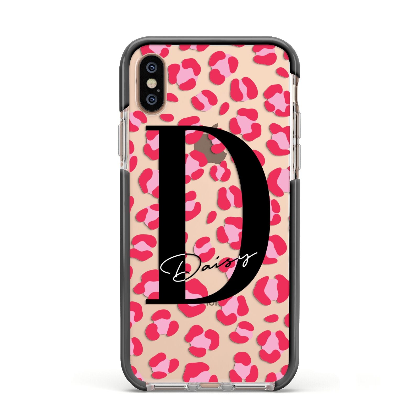Personalised Pink Clear Leopard Print Apple iPhone Xs Impact Case Black Edge on Gold Phone