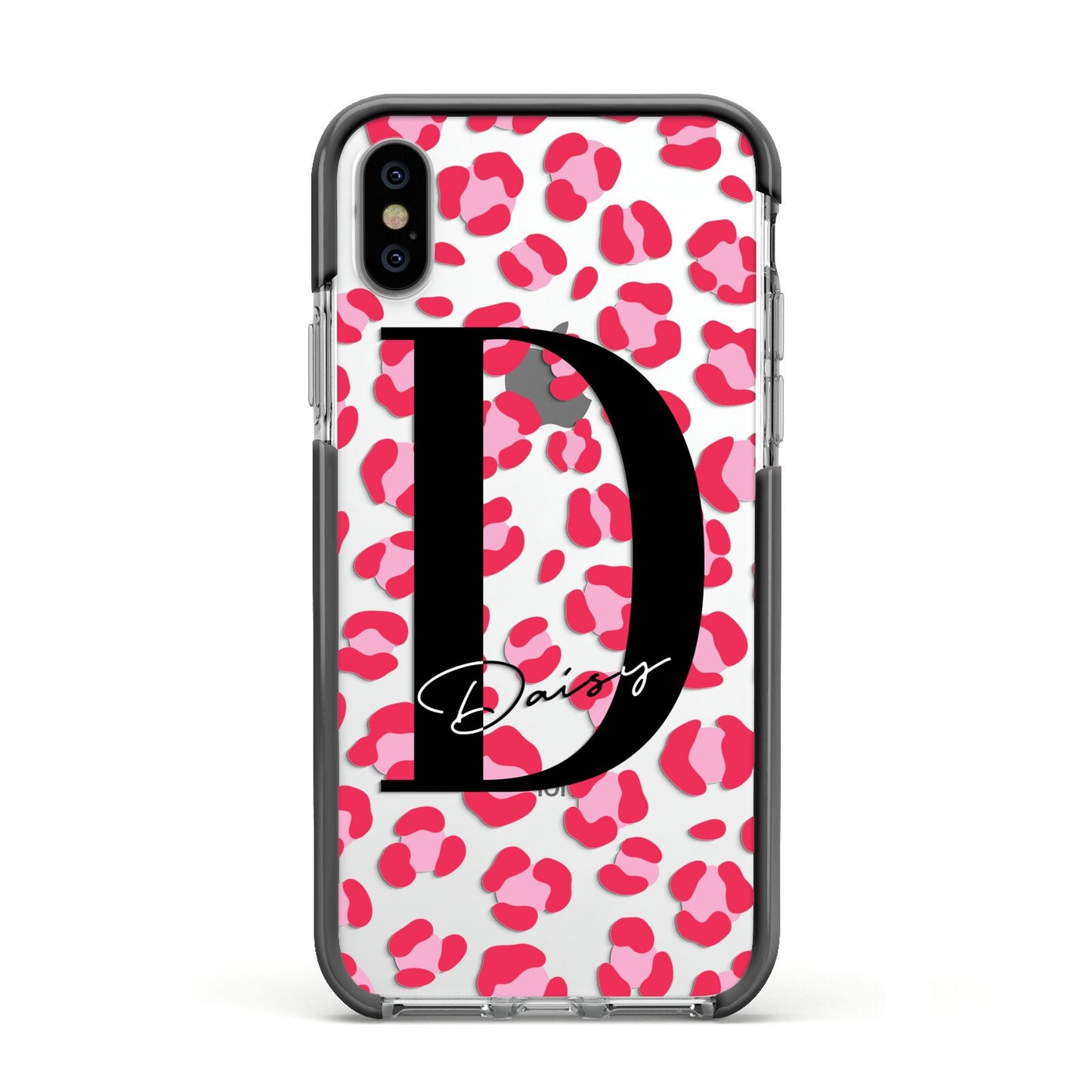 Personalised Pink Clear Leopard Print Apple iPhone Xs Impact Case Black Edge on Silver Phone