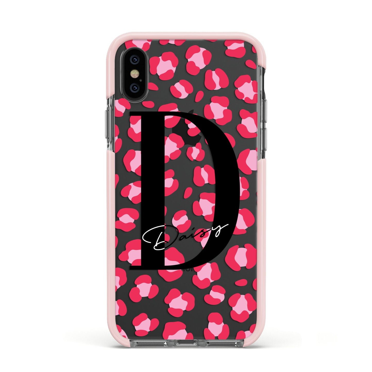 Personalised Pink Clear Leopard Print Apple iPhone Xs Impact Case Pink Edge on Black Phone