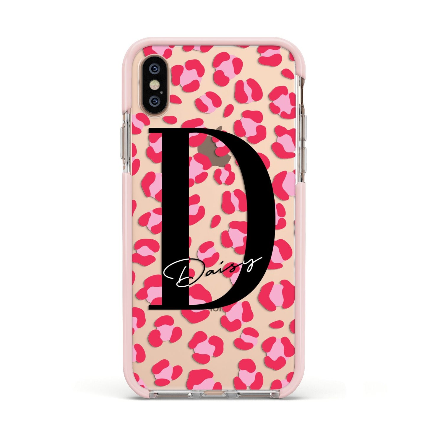Personalised Pink Clear Leopard Print Apple iPhone Xs Impact Case Pink Edge on Gold Phone