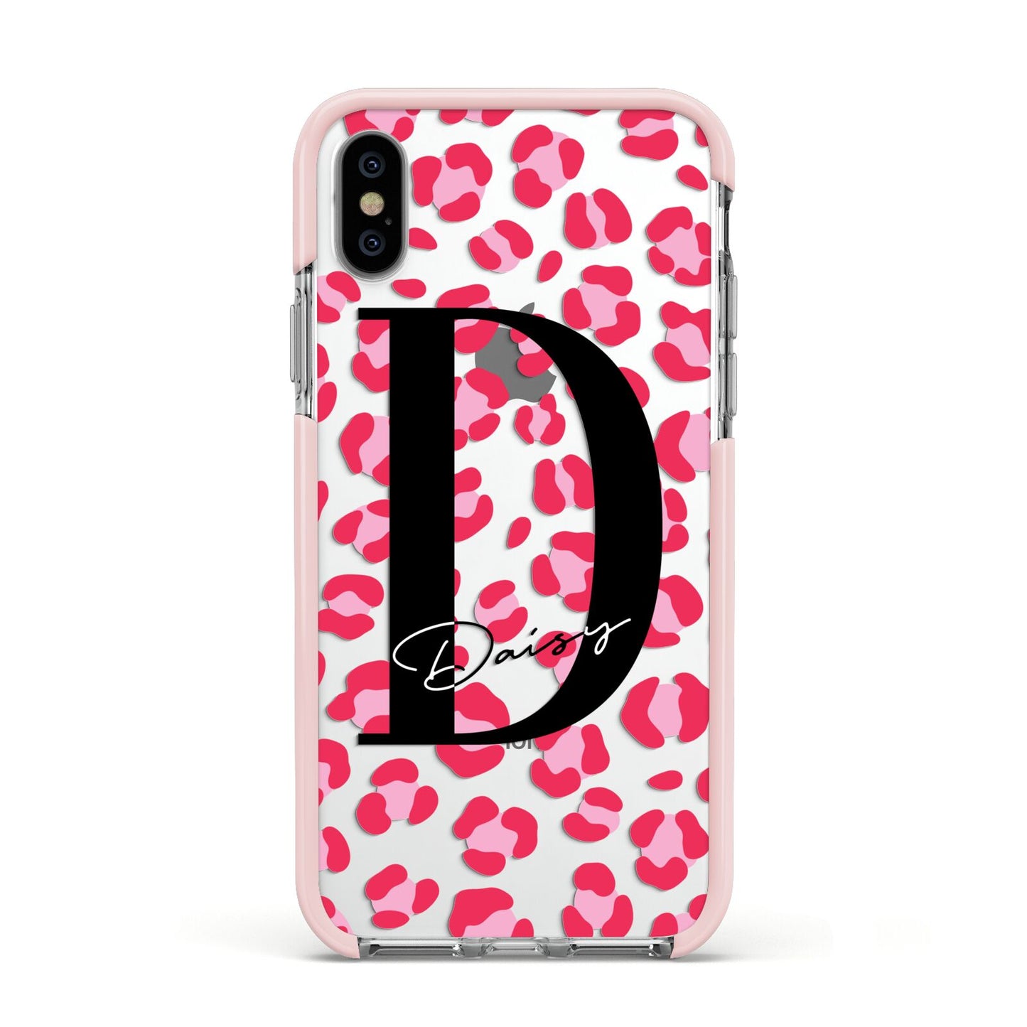 Personalised Pink Clear Leopard Print Apple iPhone Xs Impact Case Pink Edge on Silver Phone